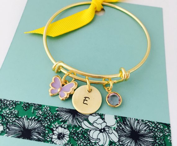 Gold Initial Butterfly Bracelet, Custom Little Girls Bracelet, Hand Stamped Bangle