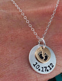 New Mom Necklace, Personalized Baby Feet Necklace, Mommy Date Necklace, Sterling Silver, Gold