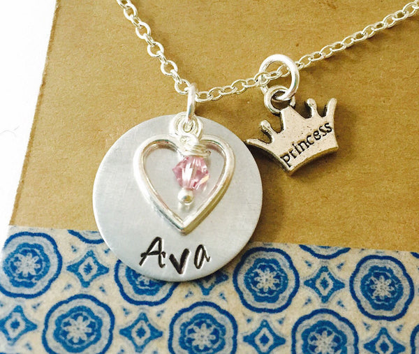 Princess Necklace, Name Necklace, Princess Crown Necklace, Little Girl Necklace, Swarovski Crystal Birthstone, Birthday Gift
